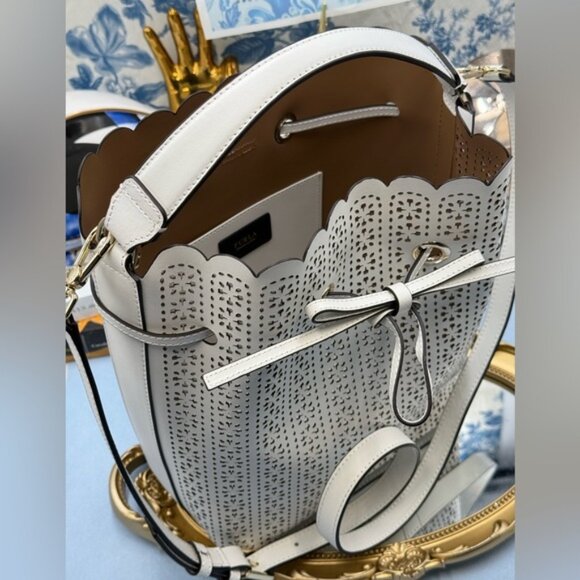 🆕 FURLA 🧿 NWOT Constanza Laser Cut Leather Drawstring Bucket Bag, Chalk - Picture 10 of 16